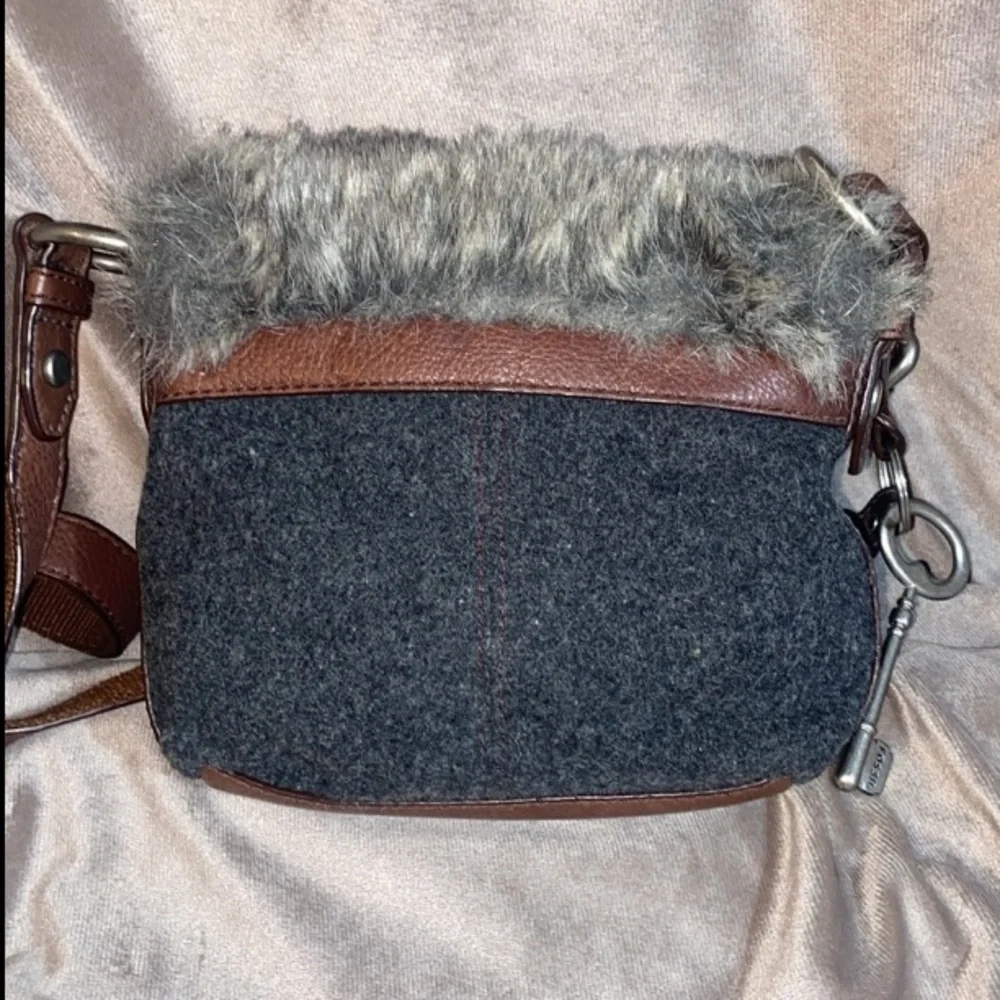 FOSSIL Vintage Maddox Faux Fur Gray Brown Crossbody Bag Saddle Bag